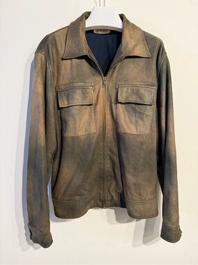 Brunello Cucinelli Gray Weathered Veined Leather Double Pocket Zip Up Jacket Med